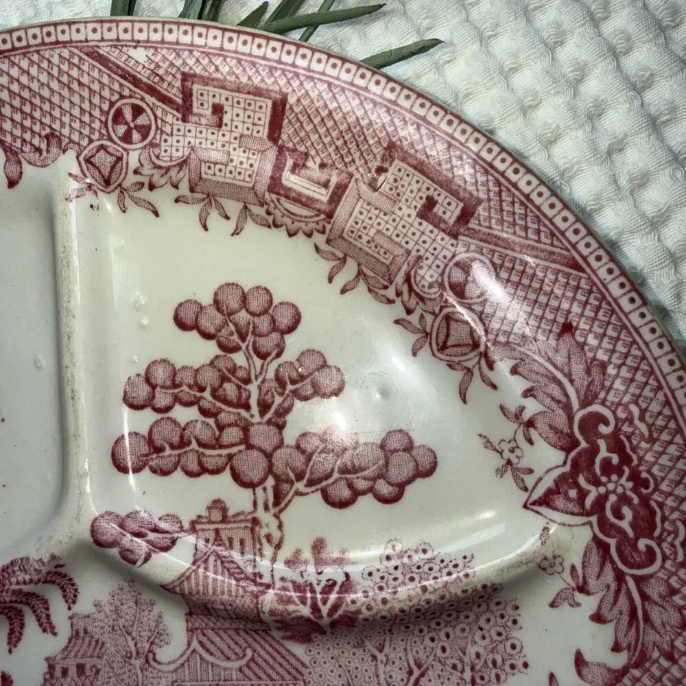 Vintage pink Rosa red Willow divided dinner plate outdoor scene birds, USA